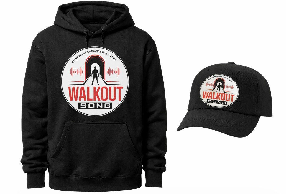 Black hoodie and cap with circular Walkout Song logo